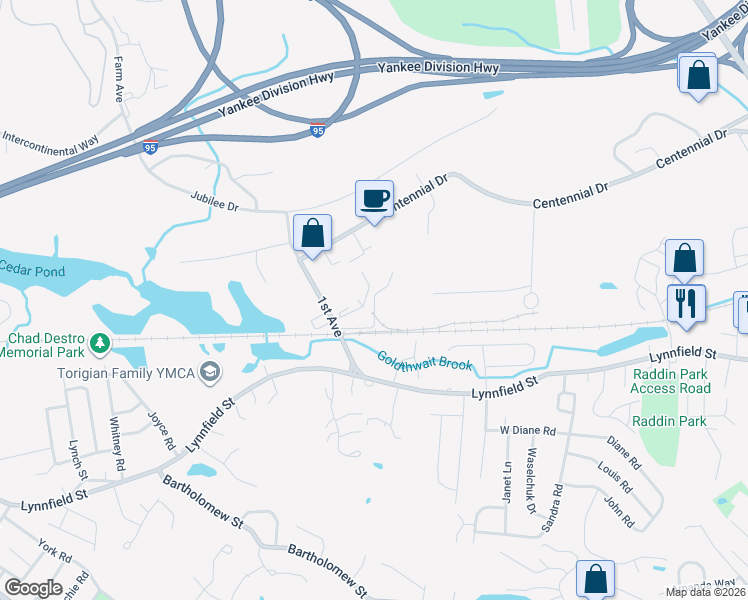map of restaurants, bars, coffee shops, grocery stores, and more near 2nd Street in Peabody