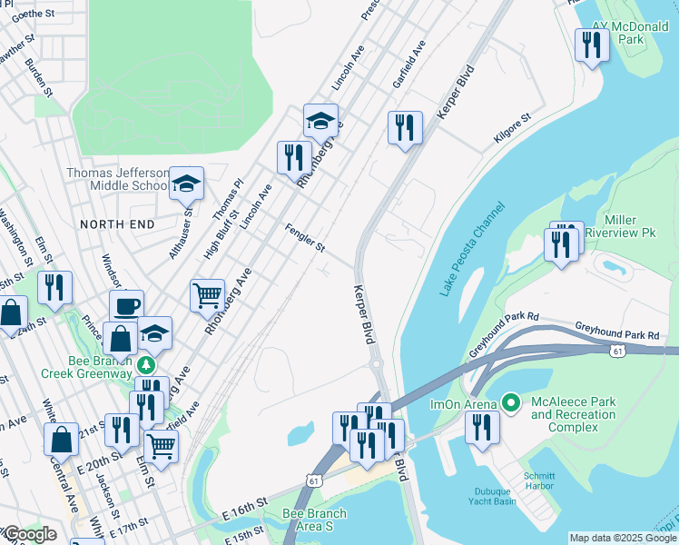 map of restaurants, bars, coffee shops, grocery stores, and more near Fengler Street in Dubuque
