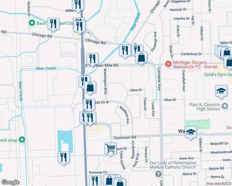 map of restaurants, bars, coffee shops, grocery stores, and more near 8201 Kennedy Circle North in Warren