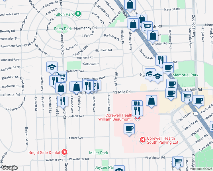 map of restaurants, bars, coffee shops, grocery stores, and more near 4025 Yorba Linda Boulevard in Royal Oak