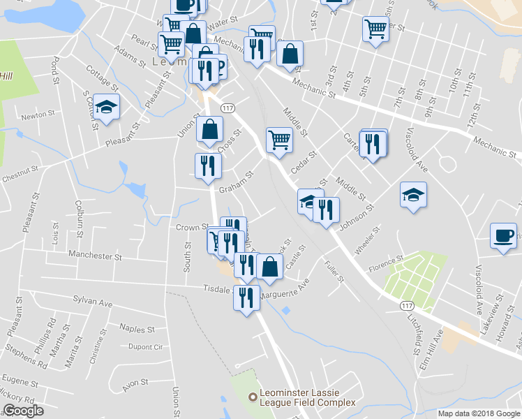 map of restaurants, bars, coffee shops, grocery stores, and more near 104 Eden Glen in Leominster