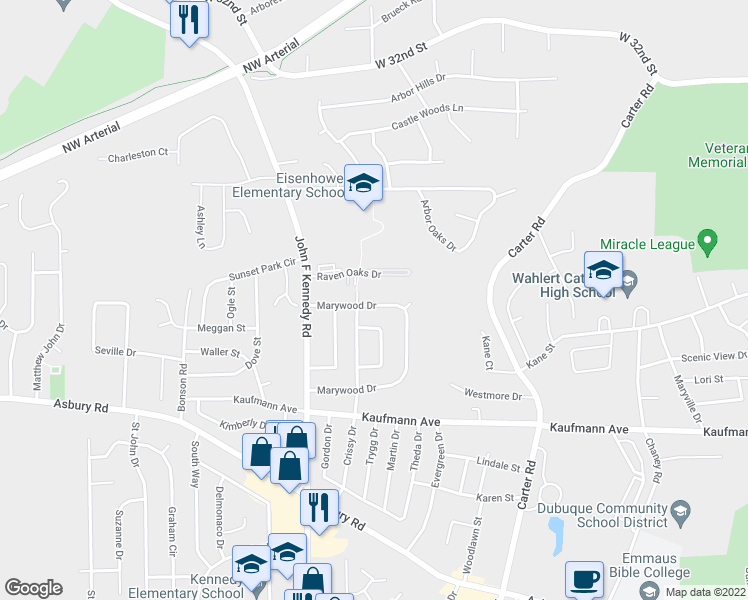 map of restaurants, bars, coffee shops, grocery stores, and more near 2670 Marywood Drive in Dubuque