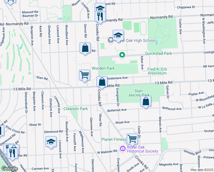 map of restaurants, bars, coffee shops, grocery stores, and more near 1613 West 13 Mile Road in Royal Oak