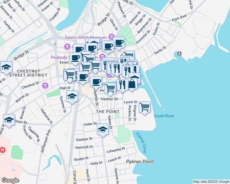 map of restaurants, bars, coffee shops, grocery stores, and more near 24 Congress Street in Salem