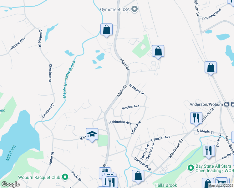 map of restaurants, bars, coffee shops, grocery stores, and more near 1050 Main Street in Woburn