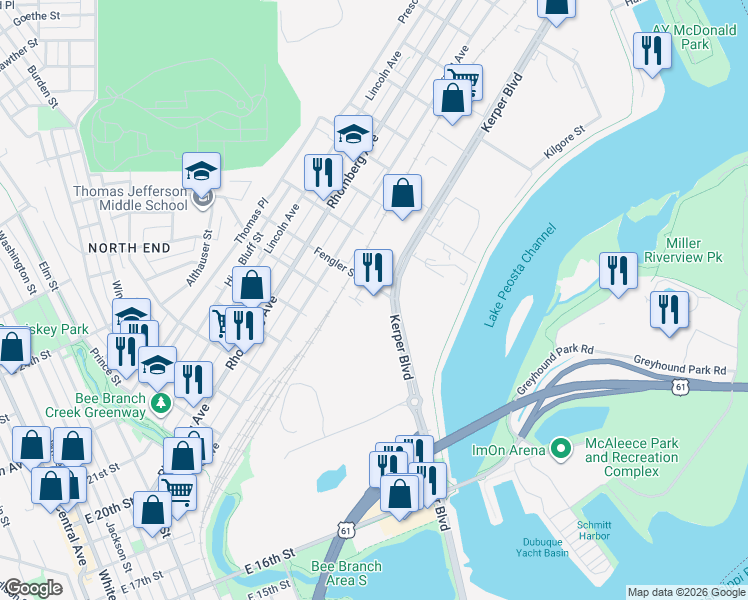 map of restaurants, bars, coffee shops, grocery stores, and more near Fengler Street in Dubuque