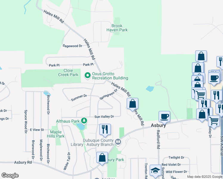 map of restaurants, bars, coffee shops, grocery stores, and more near 2993 Hales Mill Road in Asbury