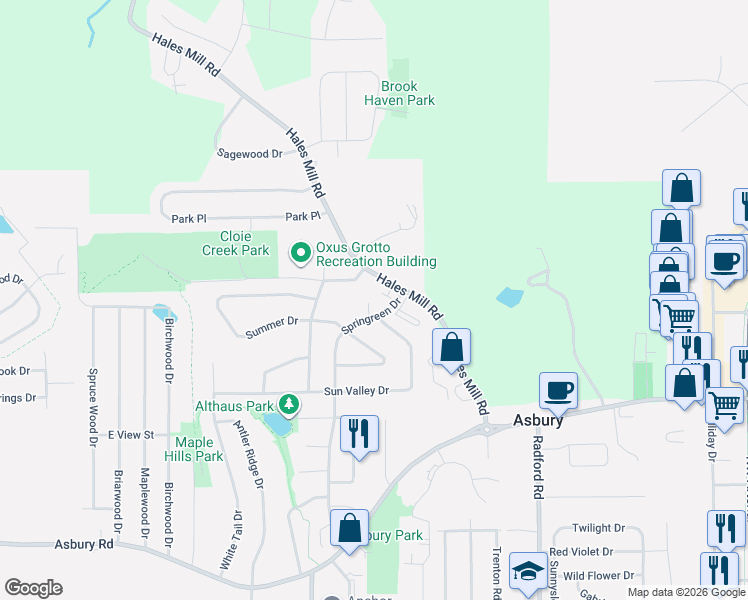 map of restaurants, bars, coffee shops, grocery stores, and more near 2993 Hales Mill Road in Asbury