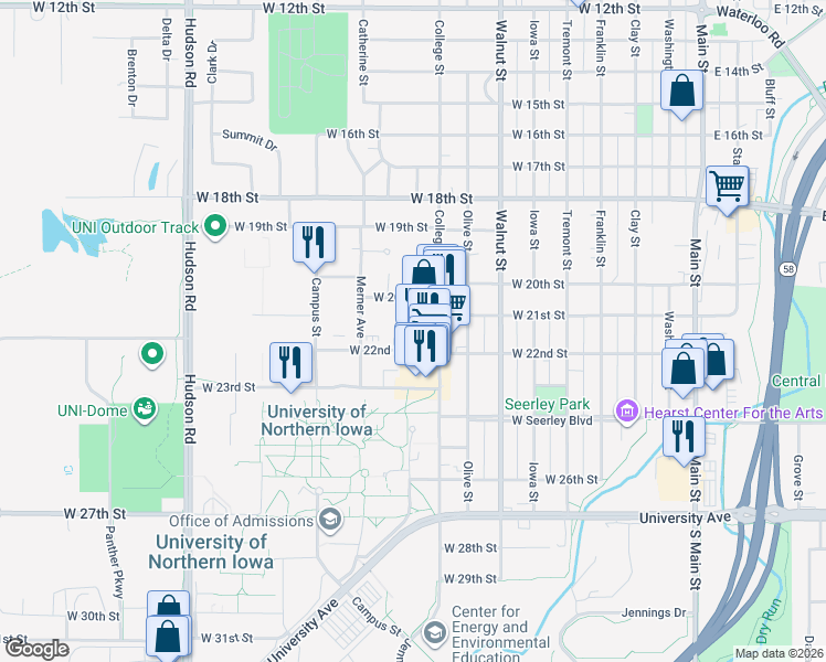 map of restaurants, bars, coffee shops, grocery stores, and more near 2025 College Street in Cedar Falls