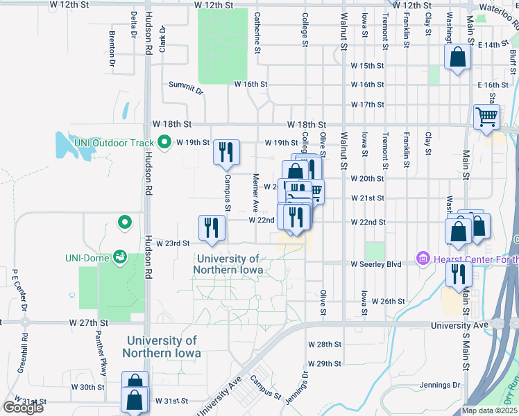 map of restaurants, bars, coffee shops, grocery stores, and more near 2030 Merner Avenue in Cedar Falls
