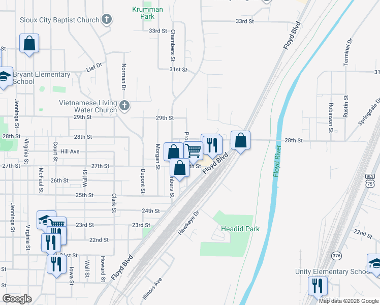 map of restaurants, bars, coffee shops, grocery stores, and more near 2024 28th Street in Sioux City