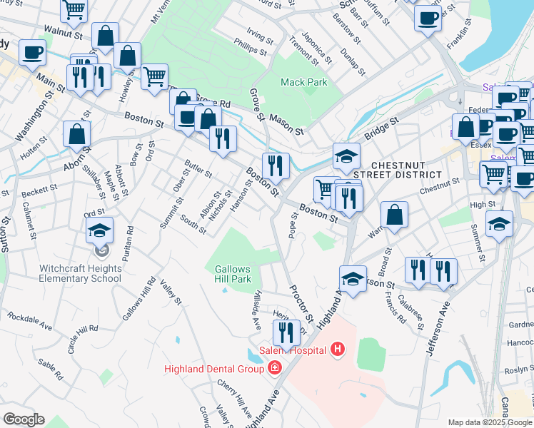 map of restaurants, bars, coffee shops, grocery stores, and more near 19 Putnam Street in Salem