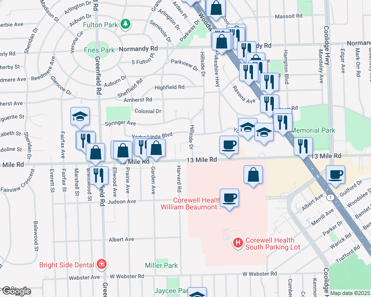 map of restaurants, bars, coffee shops, grocery stores, and more near 3873 Yorba Linda Boulevard in Royal Oak