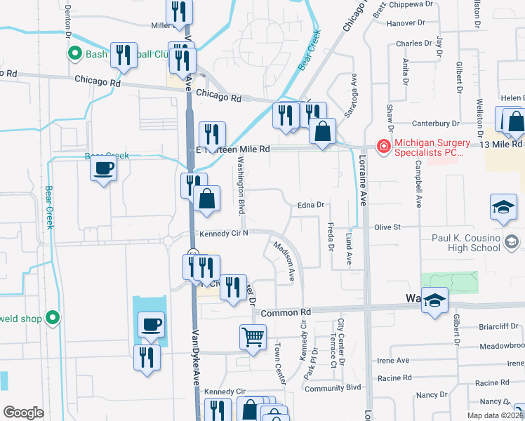 map of restaurants, bars, coffee shops, grocery stores, and more near 8224 Karam Boulevard in Warren