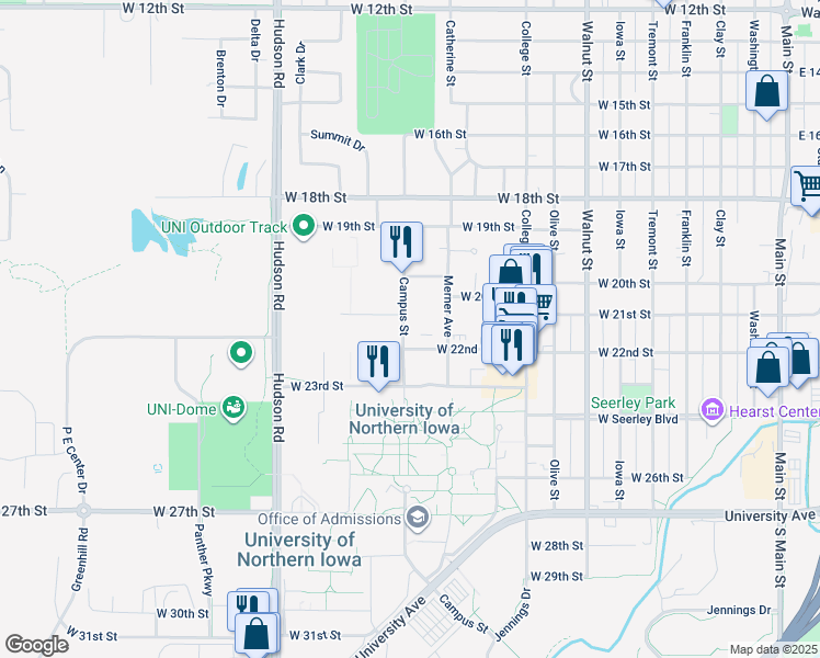 map of restaurants, bars, coffee shops, grocery stores, and more near 2110 Campus Street in Cedar Falls