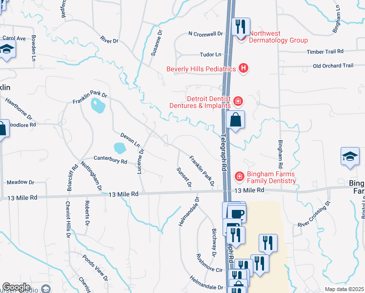 map of restaurants, bars, coffee shops, grocery stores, and more near 24762 Riverwood Drive in Franklin