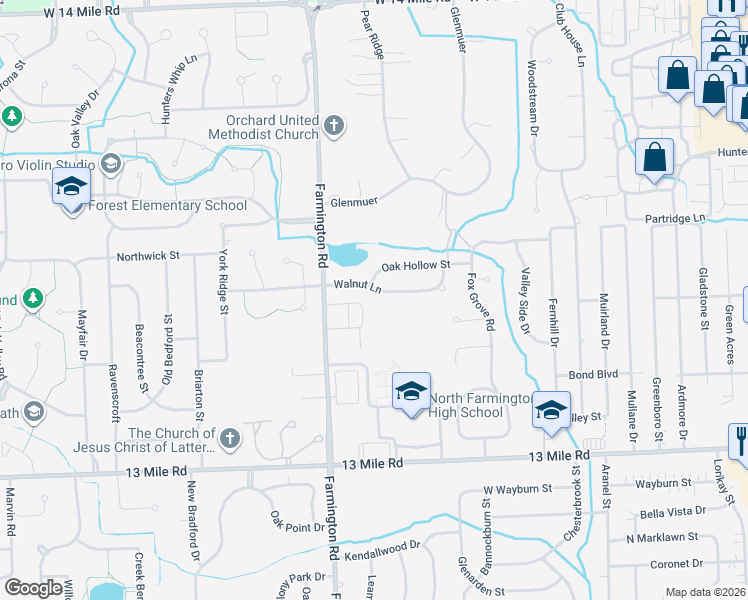 map of restaurants, bars, coffee shops, grocery stores, and more near 33260 Oak Hollow Street in Farmington Hills