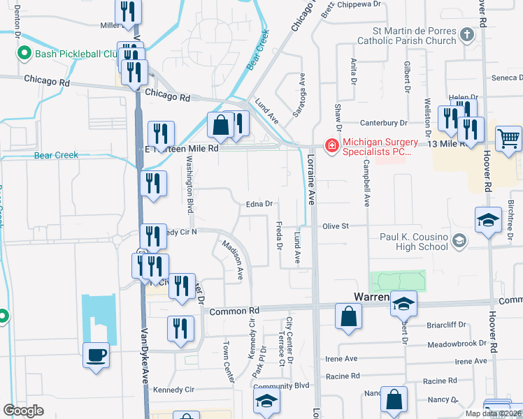 map of restaurants, bars, coffee shops, grocery stores, and more near 8663 Edna Drive in Warren