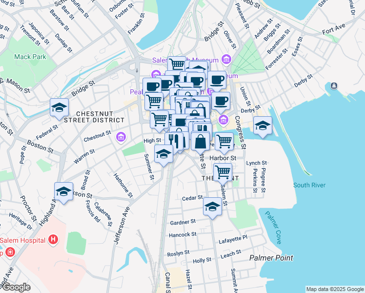 map of restaurants, bars, coffee shops, grocery stores, and more near 29 New Derby Street in Salem