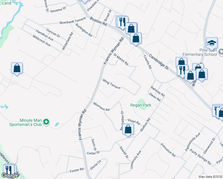 map of restaurants, bars, coffee shops, grocery stores, and more near 8 Wing Terrace in Burlington