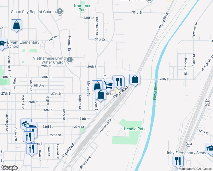 map of restaurants, bars, coffee shops, grocery stores, and more near 2024 28th Street in Sioux City