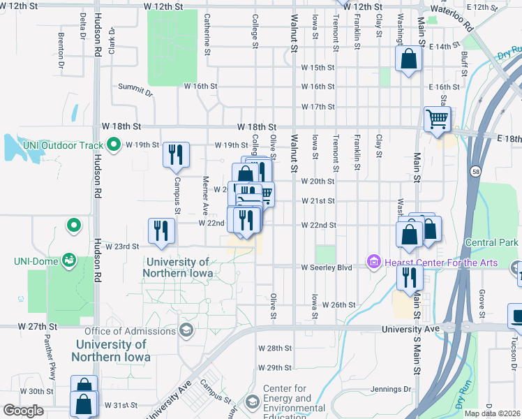 map of restaurants, bars, coffee shops, grocery stores, and more near 2110 College Street in Cedar Falls