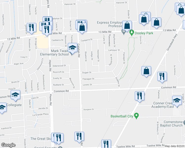 map of restaurants, bars, coffee shops, grocery stores, and more near 15716 Dugan Street in Roseville