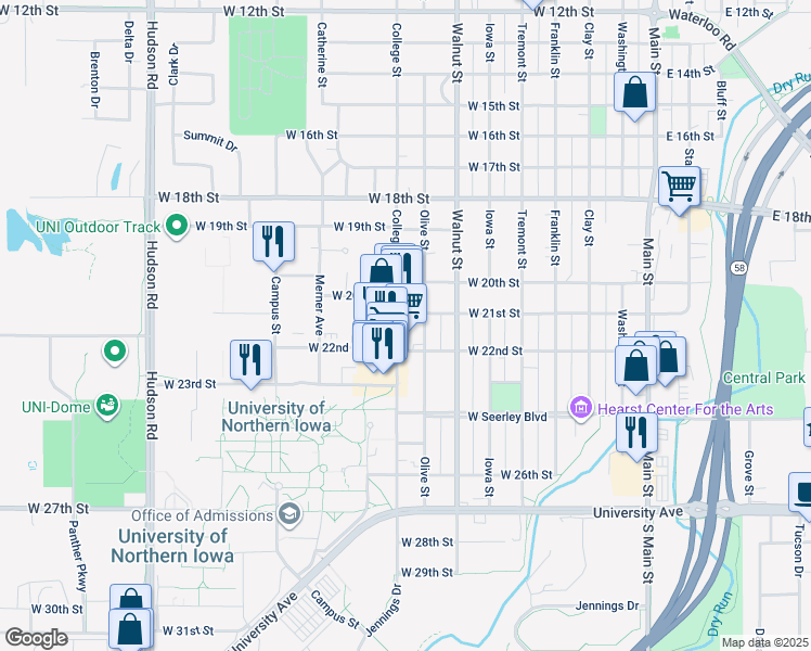 map of restaurants, bars, coffee shops, grocery stores, and more near 2110 College Street in Cedar Falls