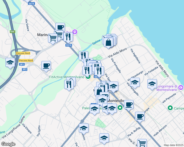 map of restaurants, bars, coffee shops, grocery stores, and more near 16 Corso Umberto I in Montesilvano