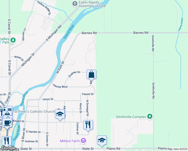 map of restaurants, bars, coffee shops, grocery stores, and more near 700 North Miller Drive in Eaton Rapids