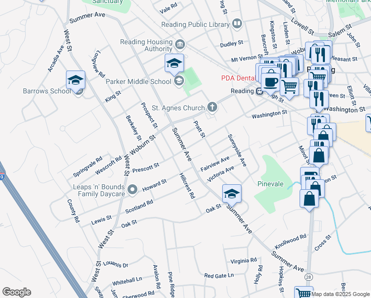 map of restaurants, bars, coffee shops, grocery stores, and more near 123 Prescott Street in Reading