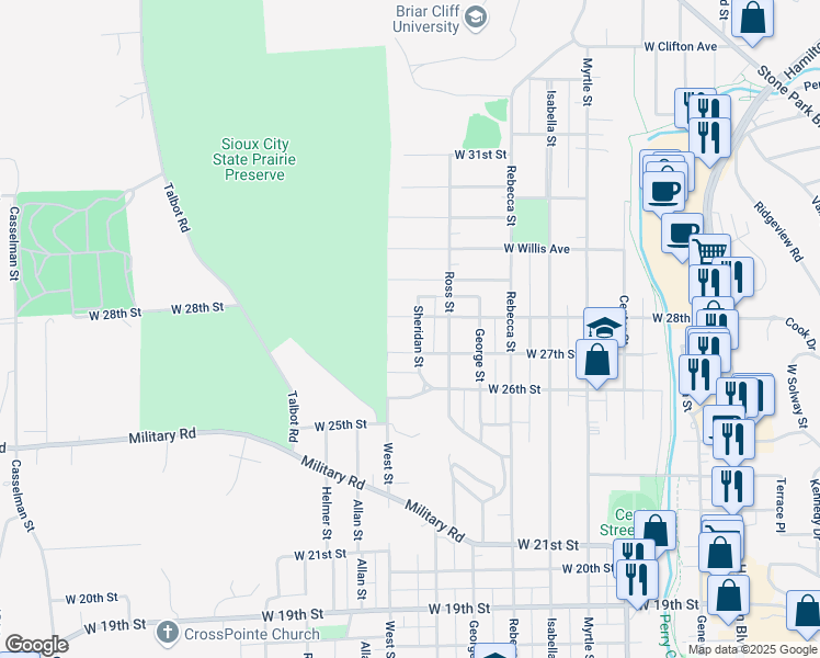 map of restaurants, bars, coffee shops, grocery stores, and more near 1615-1627 West 28th Street in Sioux City