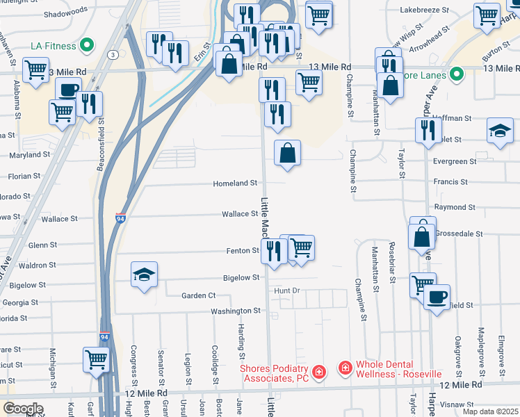 map of restaurants, bars, coffee shops, grocery stores, and more near 20390 Homeland Street in Roseville