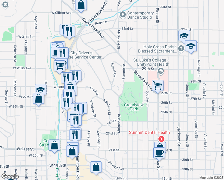 map of restaurants, bars, coffee shops, grocery stores, and more near 37 McDonald Drive in Sioux City