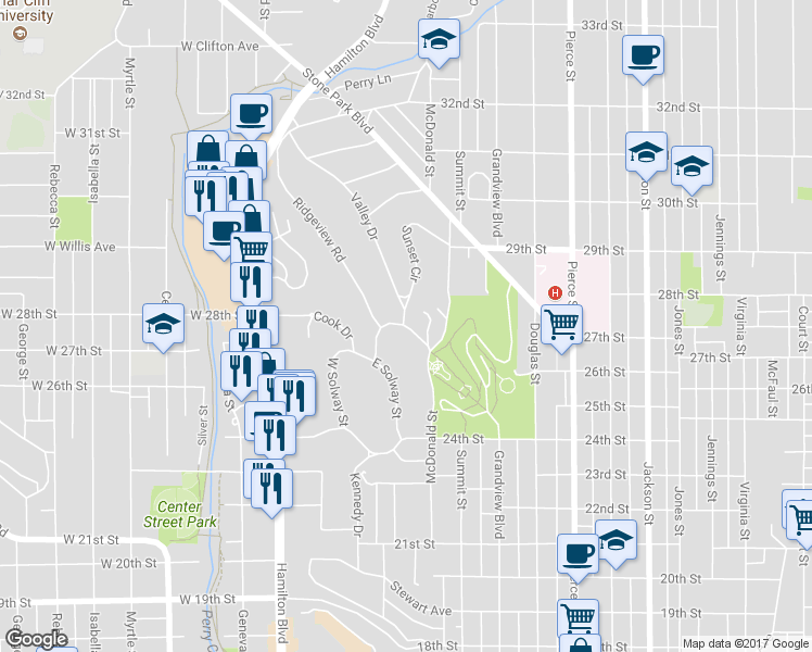 map of restaurants, bars, coffee shops, grocery stores, and more near 37 McDonald Drive in Sioux City