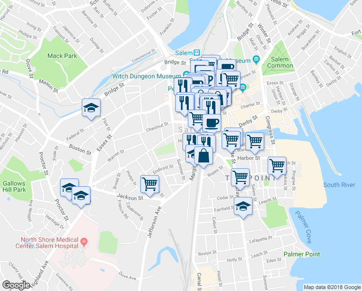 map of restaurants, bars, coffee shops, grocery stores, and more near 2 Gedney Street Court in Salem