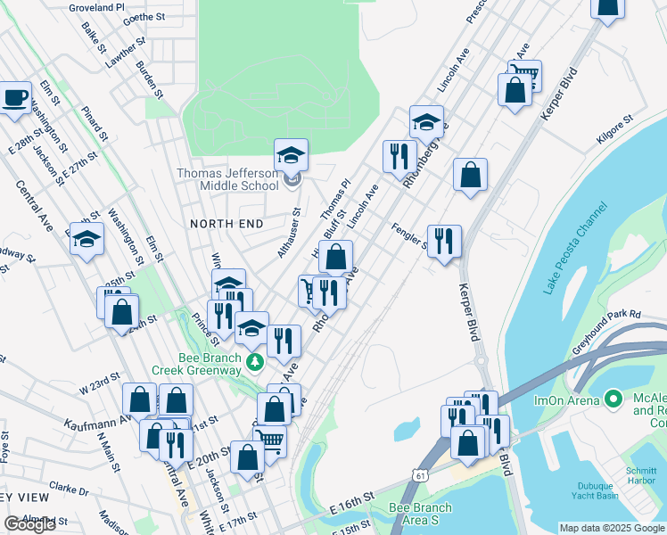 map of restaurants, bars, coffee shops, grocery stores, and more near 1004 Lincoln Avenue in Dubuque
