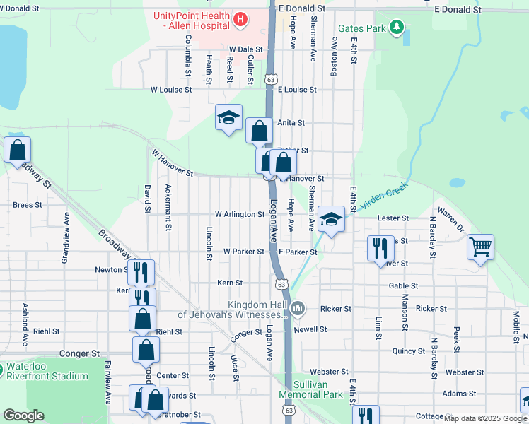 map of restaurants, bars, coffee shops, grocery stores, and more near 516 Cutler Street in Waterloo