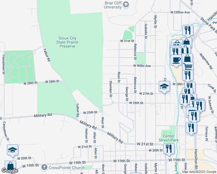 map of restaurants, bars, coffee shops, grocery stores, and more near 1615-1627 West 28th Street in Sioux City