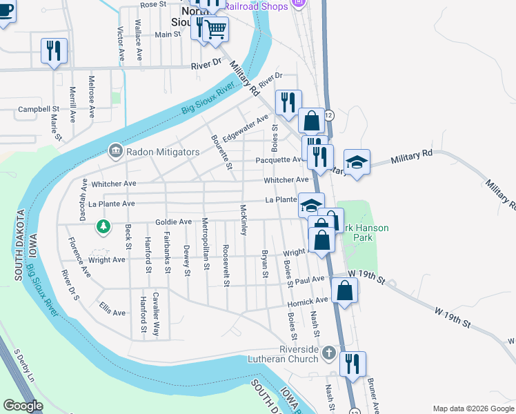 map of restaurants, bars, coffee shops, grocery stores, and more near 801-861 La Plante Avenue in Sioux City