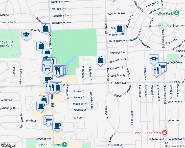 map of restaurants, bars, coffee shops, grocery stores, and more near 17005 Elizabeth Street in Beverly Hills
