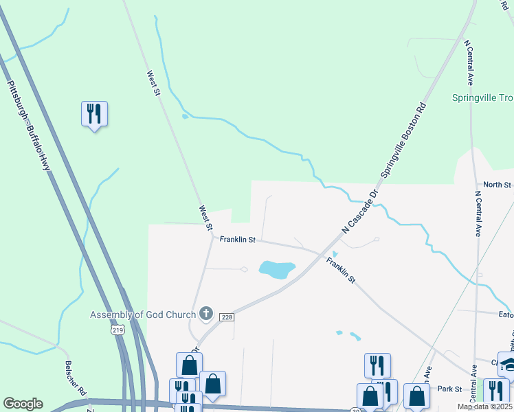 map of restaurants, bars, coffee shops, grocery stores, and more near 59 Woodland Heights in Springville