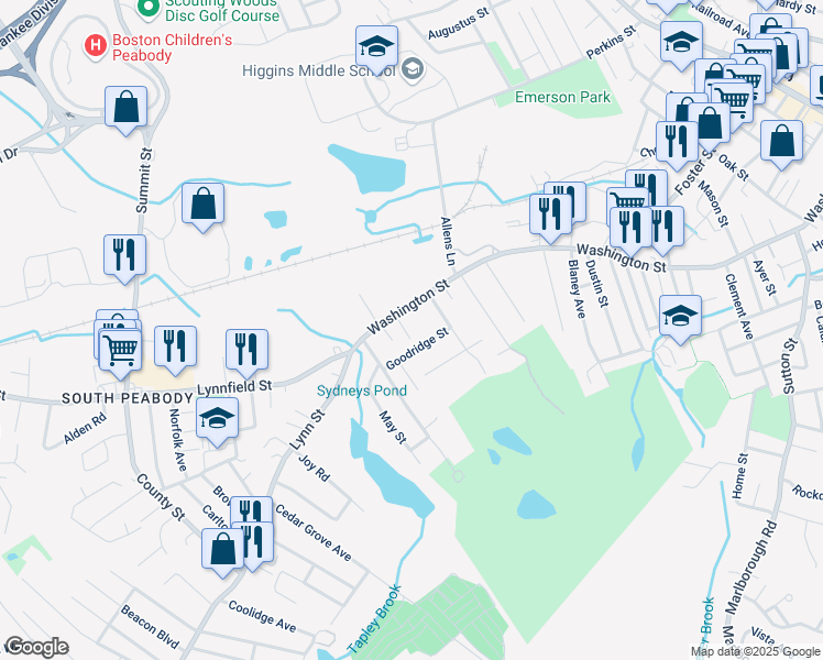 map of restaurants, bars, coffee shops, grocery stores, and more near 272 Washington Street in Peabody