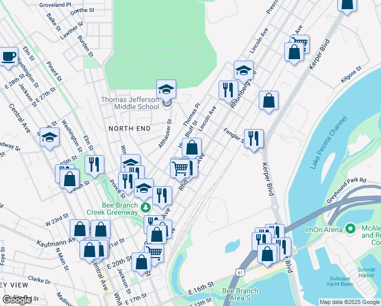 map of restaurants, bars, coffee shops, grocery stores, and more near 1004 Lincoln Avenue in Dubuque