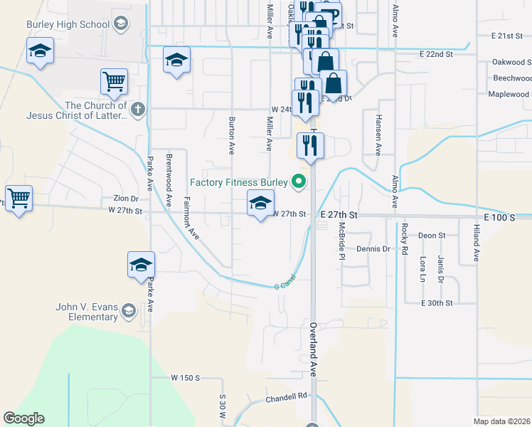 map of restaurants, bars, coffee shops, grocery stores, and more near 2647 Miller Ave in Burley