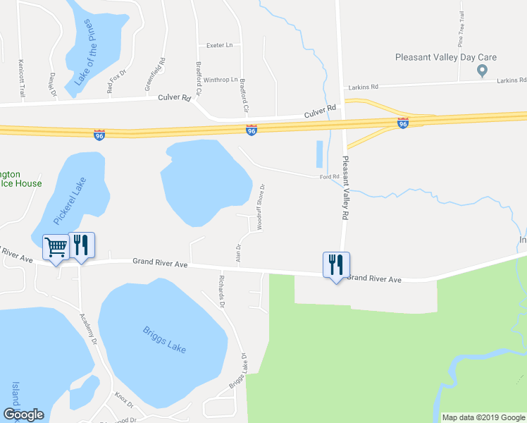 map of restaurants, bars, coffee shops, grocery stores, and more near 5555 Woodruff Shore Drive in Brighton