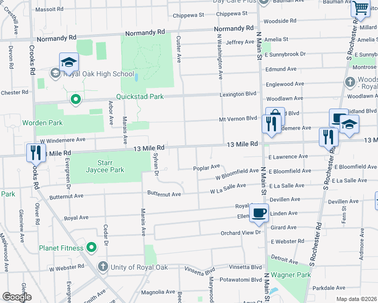 map of restaurants, bars, coffee shops, grocery stores, and more near 612 13 Mile Road in Royal Oak