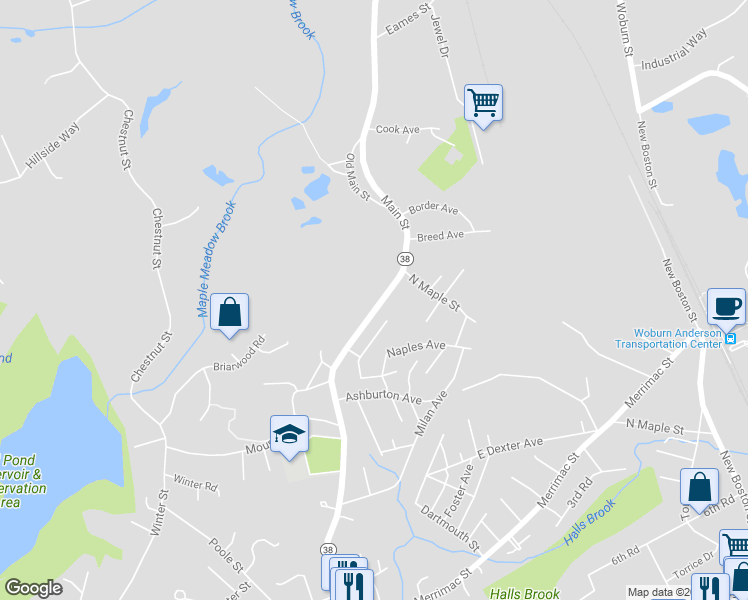 map of restaurants, bars, coffee shops, grocery stores, and more near 1050 Main Street in Woburn