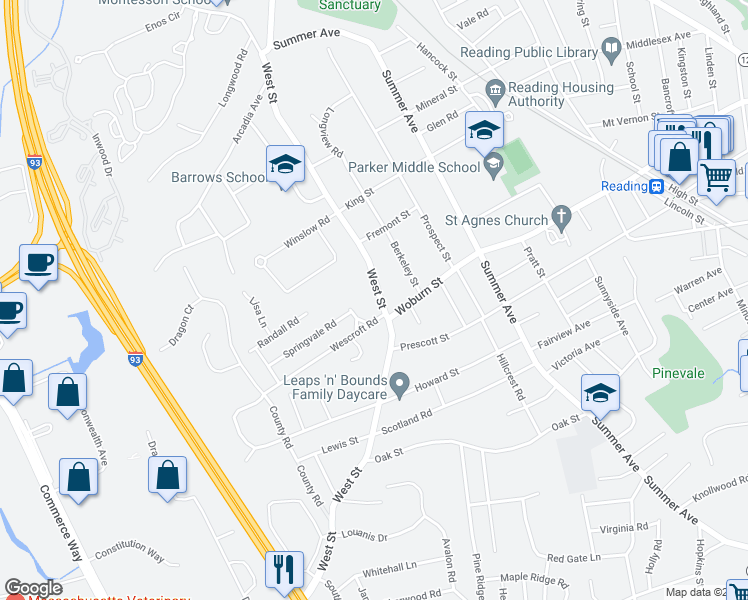 map of restaurants, bars, coffee shops, grocery stores, and more near 232 West Street in Reading