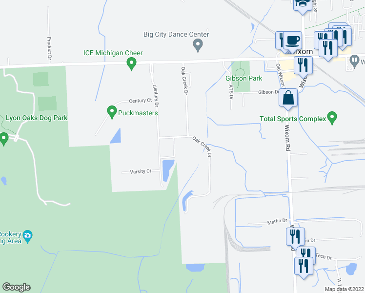 map of restaurants, bars, coffee shops, grocery stores, and more near 30779 Oak Creek Drive in Wixom